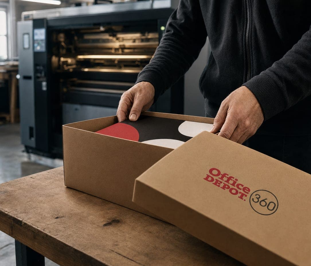 Hands open an Office Depot 360 box of printed pieces beside a printing press