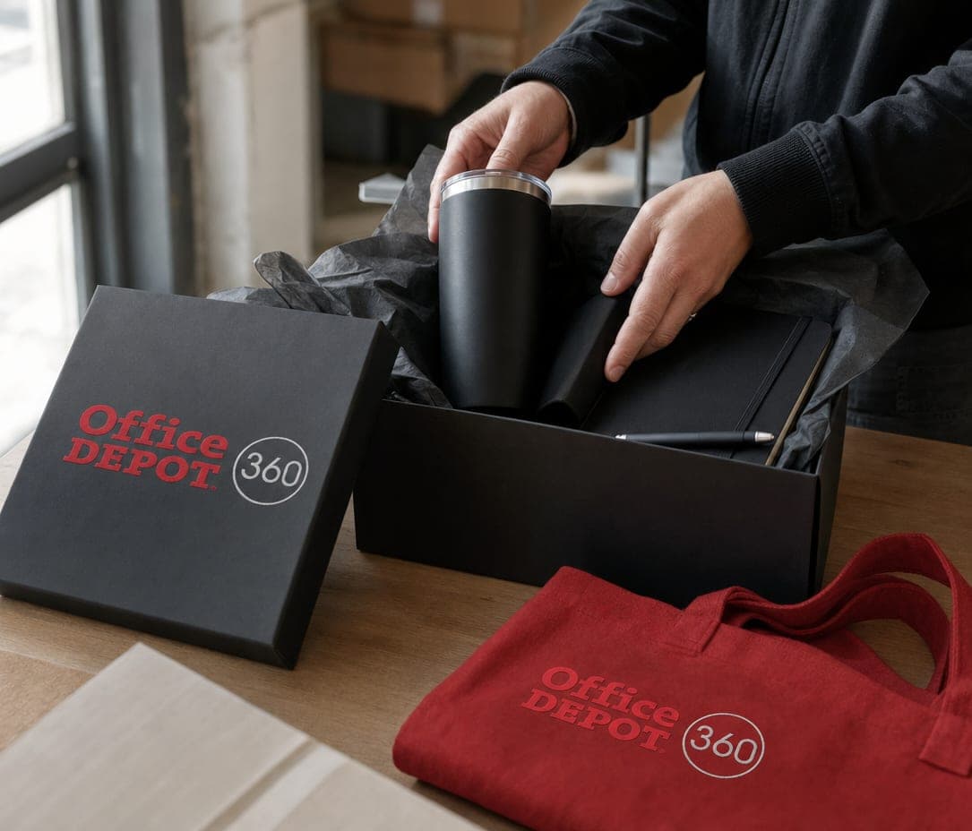 Hands pack a black tumbler and notebook into an Office Depot 360 gift box