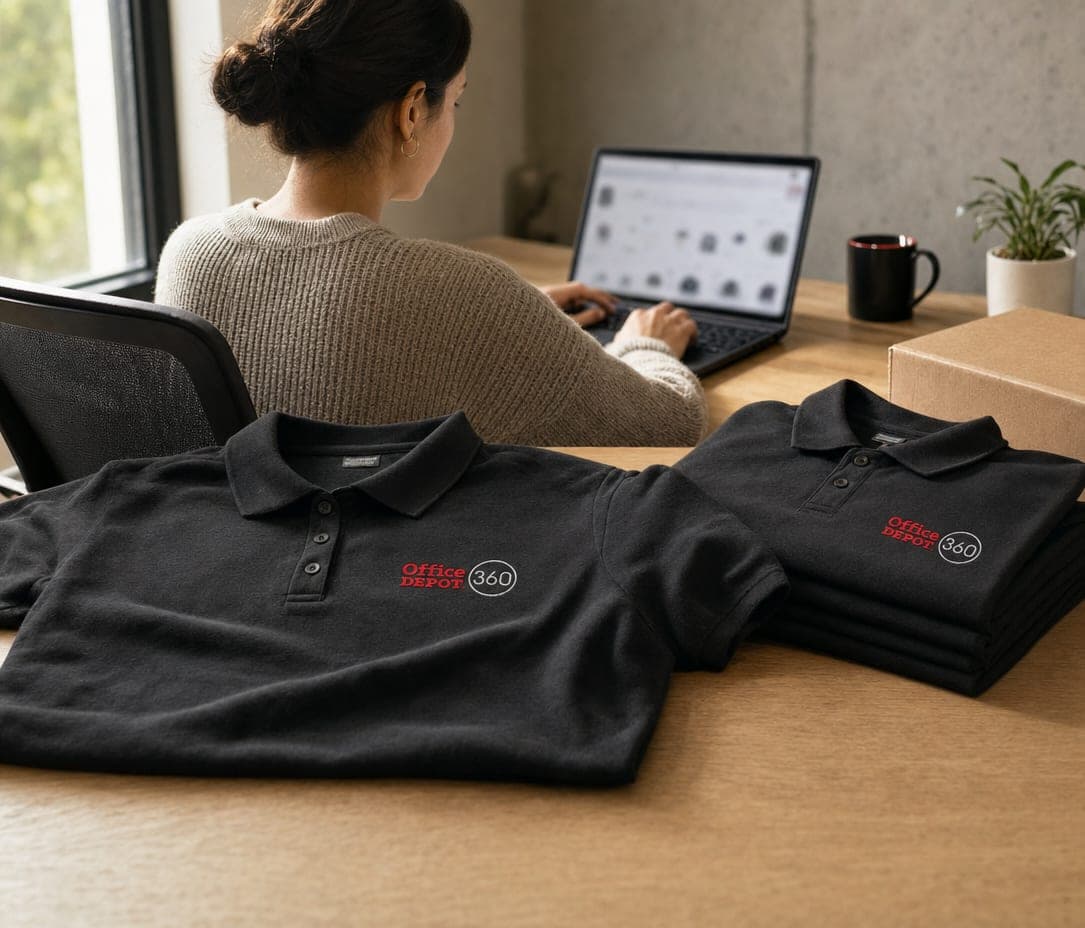 Folded Office Depot 360 polos on a desk while someone shops a webstore on a laptop