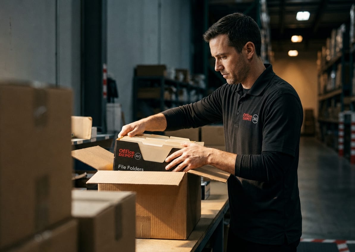 An associate packs Office Depot 360 file folders into a shipping box