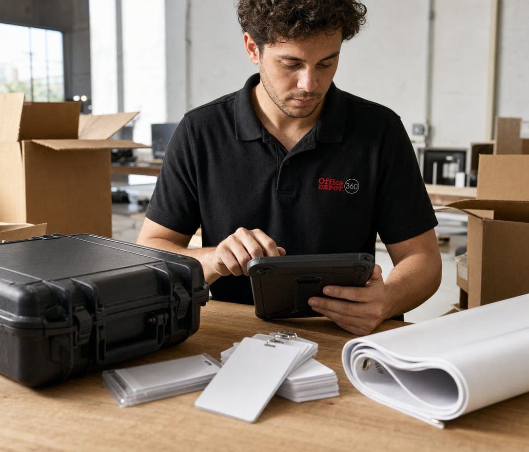 An associate checks a rugged tablet beside a hard case, badge holders and rolled prints