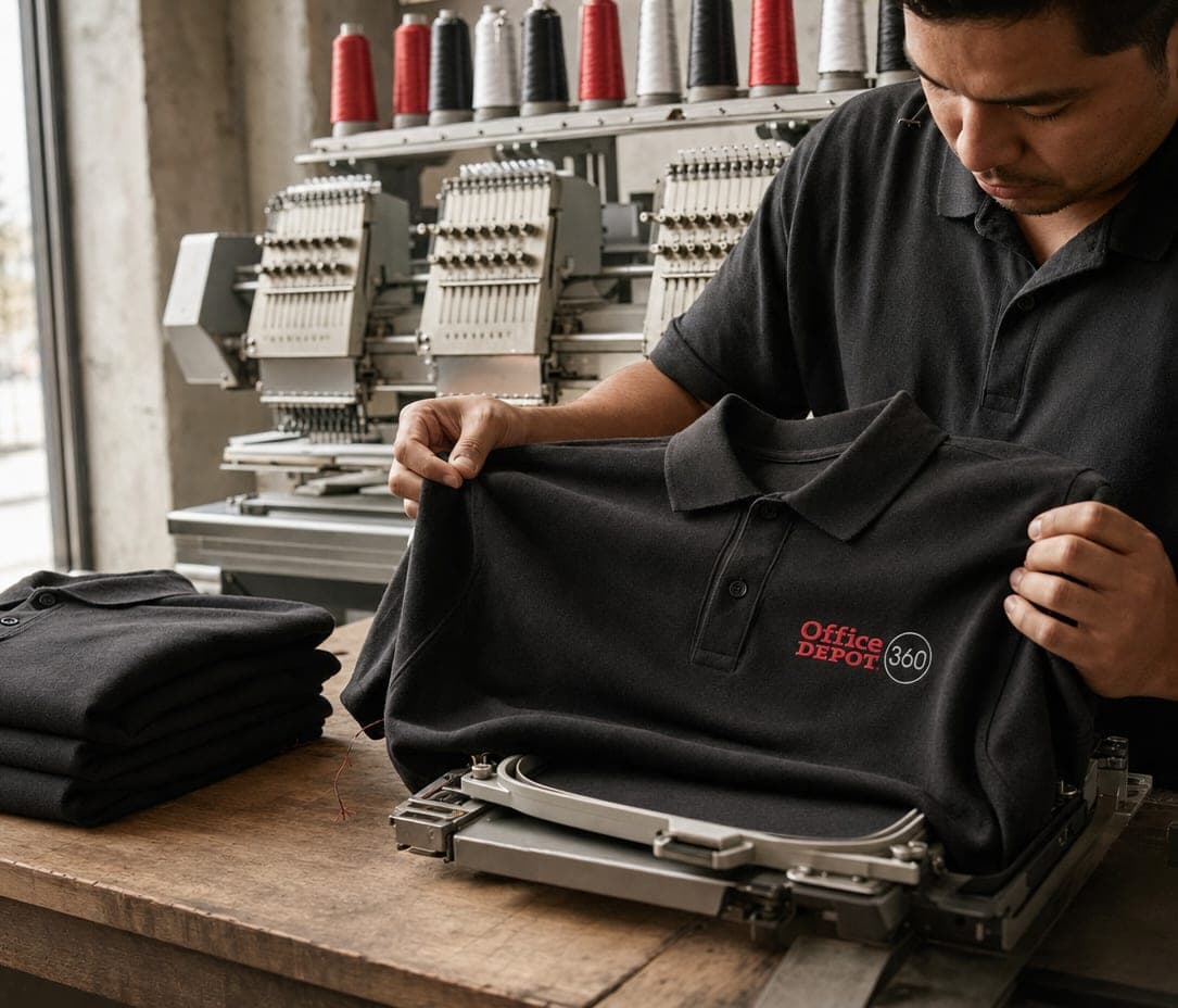 A decorator loads an Office Depot 360 polo onto an embroidery hoop