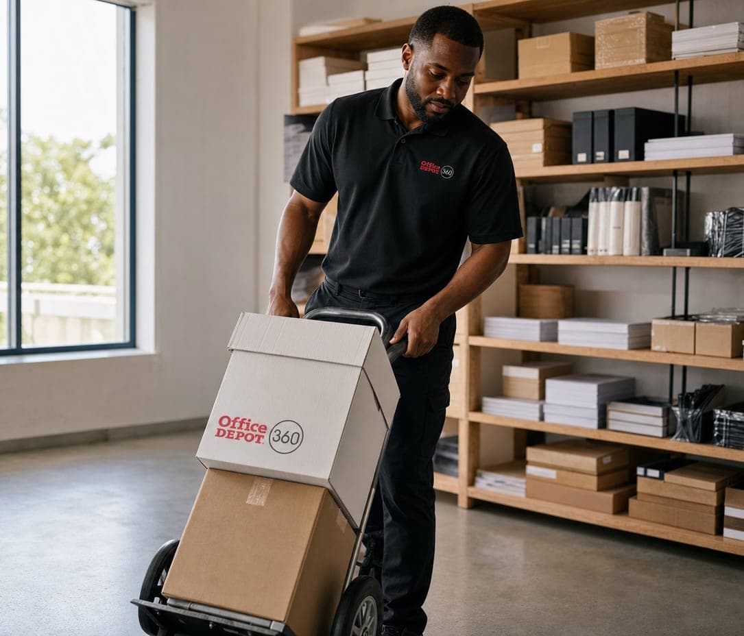 An associate wheels Office Depot 360 boxes on a hand truck past supply shelves
