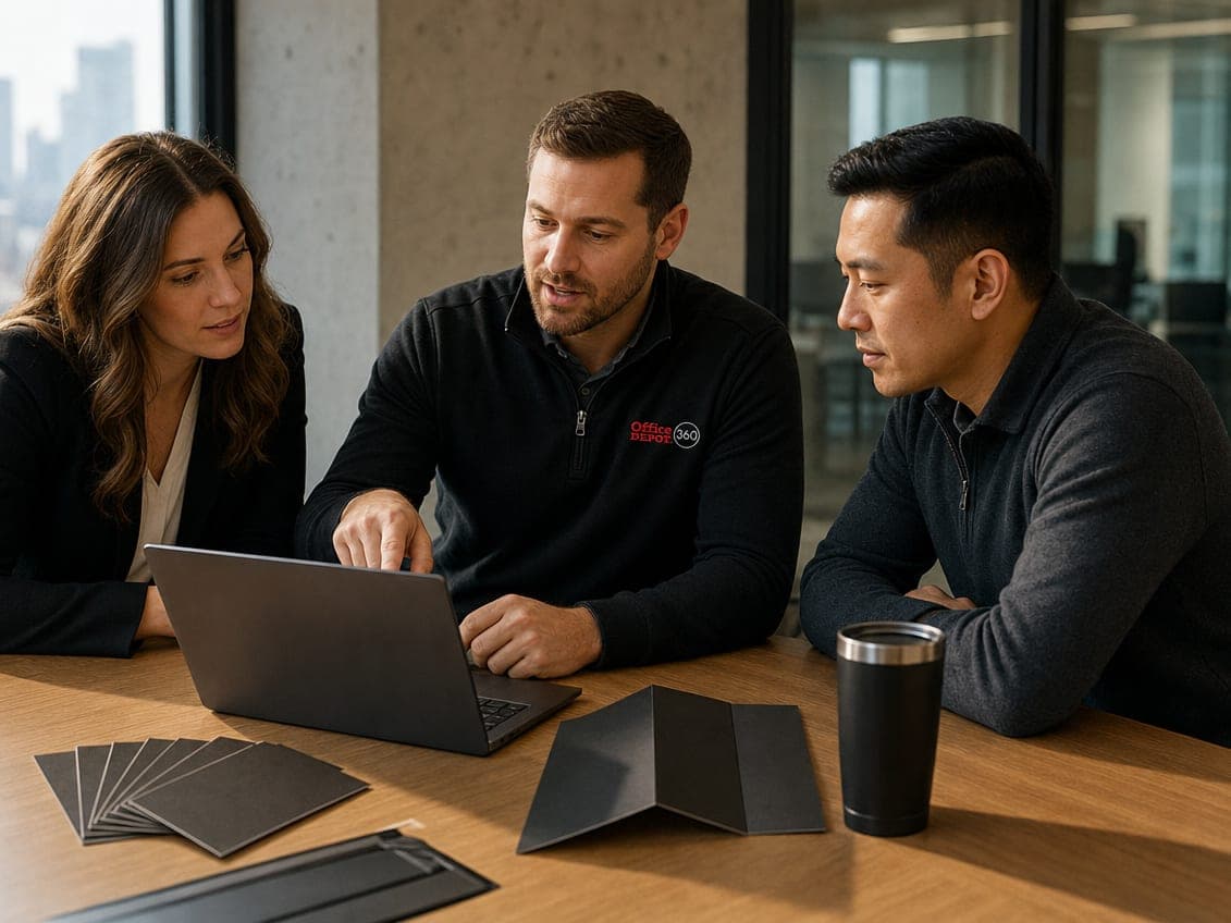 Three colleagues review a laptop and print samples at a meeting table